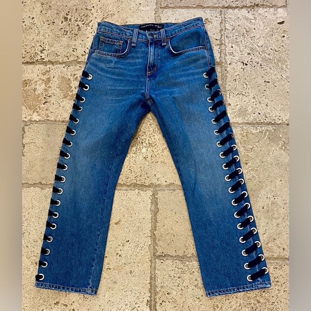 Veronica Beard Ines High Rise Girlfriend Straight Leg Ribbon Detailing Jeans 24